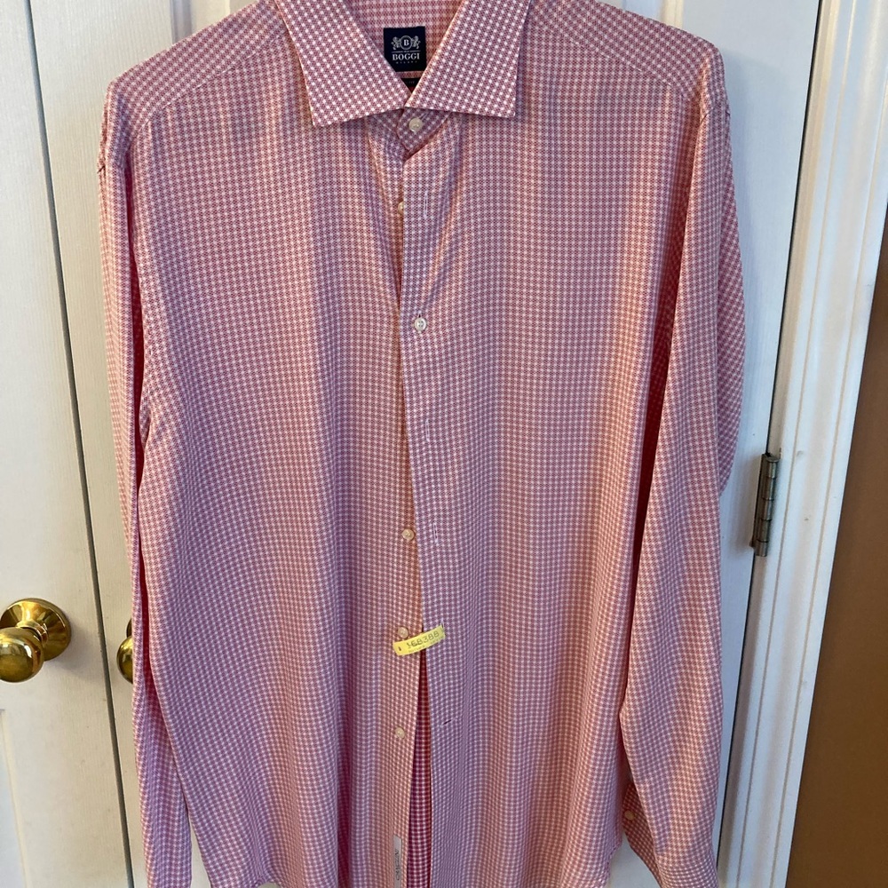 Boggi Milano Men’s Dress Shirt, Slim Fit, 44, 17 1/2, Red & White